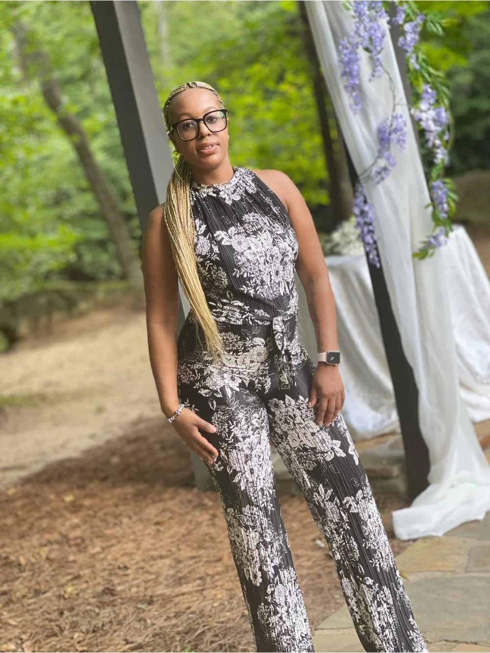 Sleeveless Black & White Floral High-Neck Jumpsuit